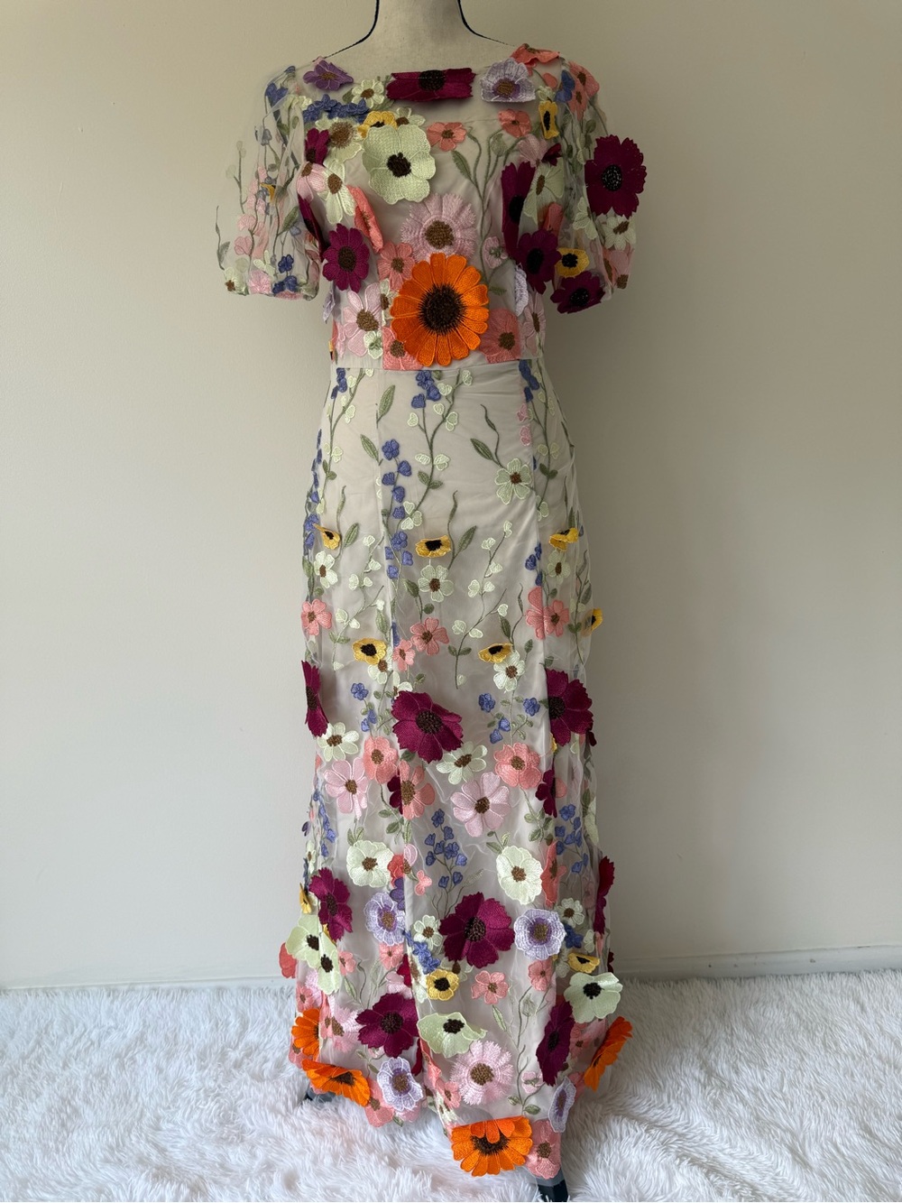 Vici Cream Maxi Dress with Multicolor 3D Floral Appliqués